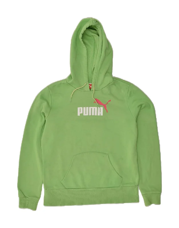 PUMA Womens Graphic Hoodie Jumper UK 14 Large  Green Cotton Hoodie with Frayed Bohemian Relaxed