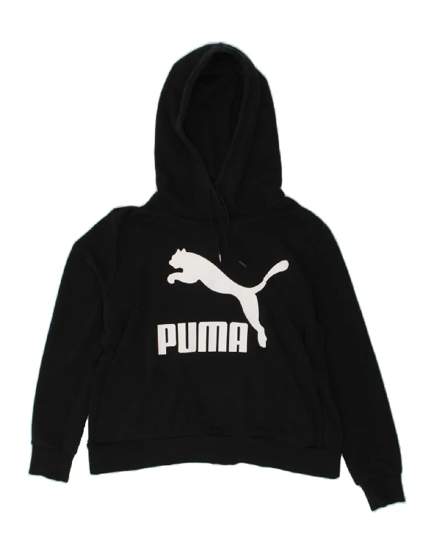 PUMA Womens Graphic Hoodie Jumper UK 14 Medium Black Cotton Hoodie with Raglan Sleeves Sporty Comfortable