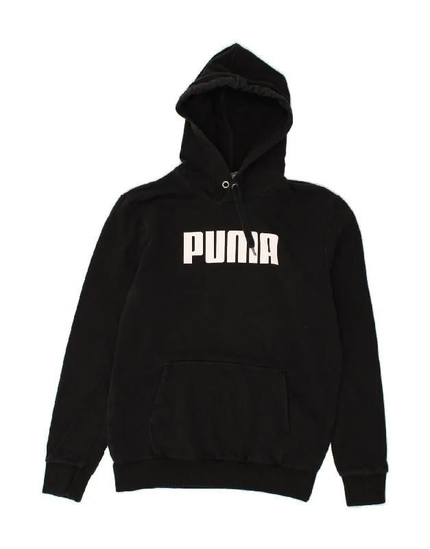 PUMA Womens Graphic Hoodie Jumper UK 14 Medium Black Cotton Hoodie with Puffed Sleeves Voluminous Trendy