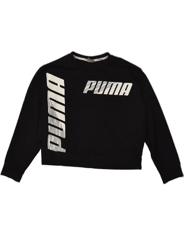 PUMA Womens Graphic Sweatshirt Jumper UK 12 Medium Black Polyester Hoodie with Side Slits Relaxed Casual