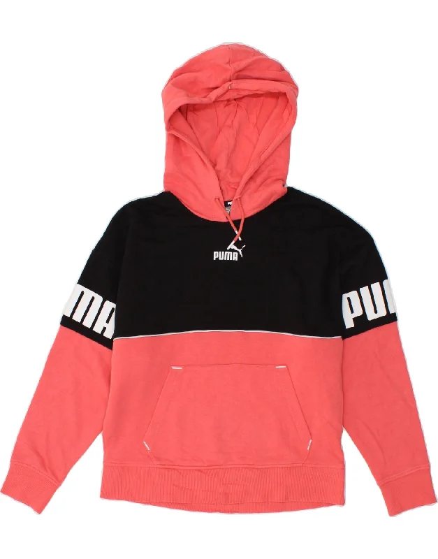 PUMA Womens Oversized Graphic Hoodie Jumper UK 10 Small Pink Colourblock Hoodie with Monochrome Minimalist Simple