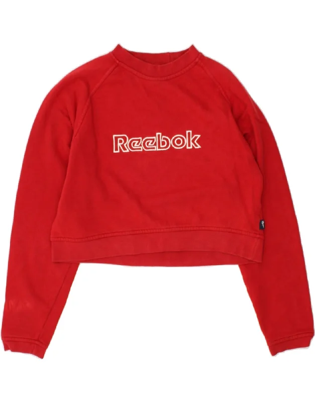 REEBOK Womens Graphic Crop Sweatshirt Jumper UK 14 Medium Red Cotton Hoodie with Contrast Stitching Detailed Premium