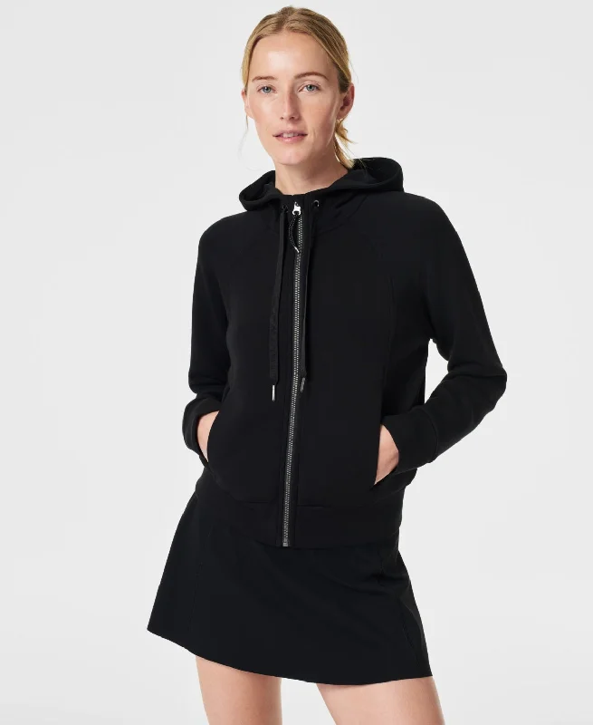 Spanx: AirEssentials Full Zip Hoodie in Very Black Hoodie with Back Slit Movement Comfort