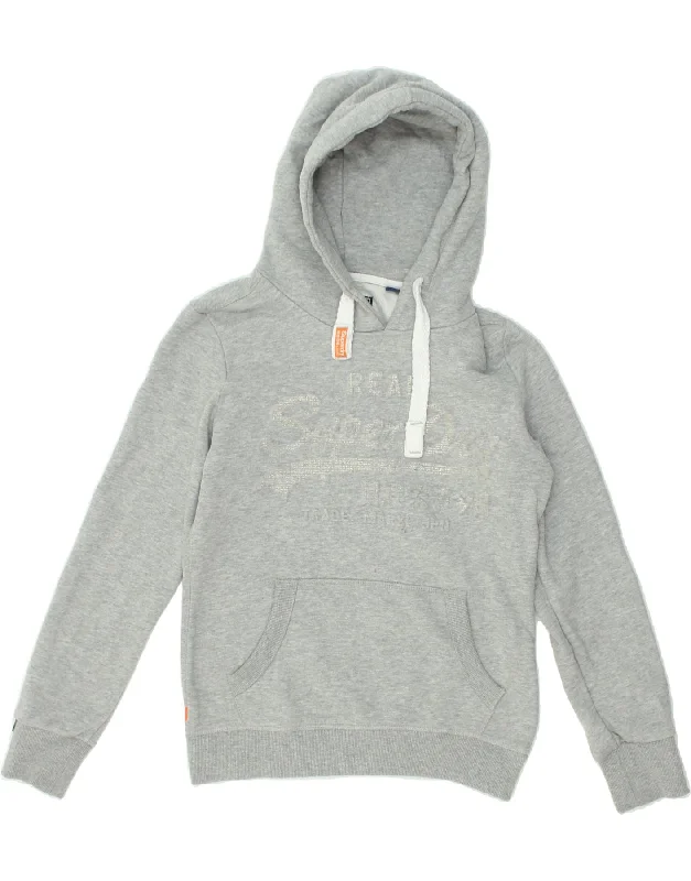 SUPERDRY Womens Graphic Hoodie Jumper UK 10 Small Grey Cotton Hoodie with Slit Hem Functional Movement