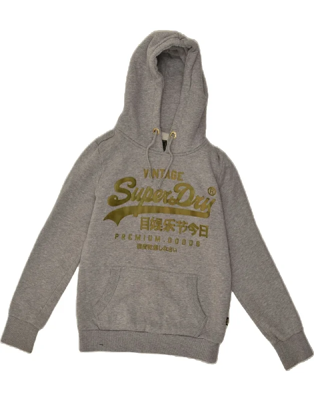 SUPERDRY Womens Graphic Hoodie Jumper UK 10 Small  Grey Cotton Hoodie with Mesh Breathable Sporty