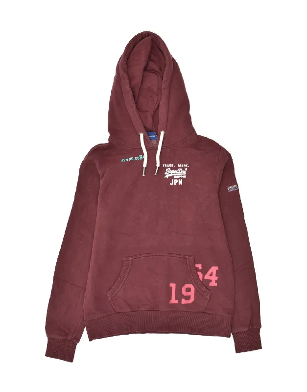 SUPERDRY Womens Graphic Hoodie Jumper UK 10 Small Maroon Cotton Hoodie with Longline Fit Extended Stylish