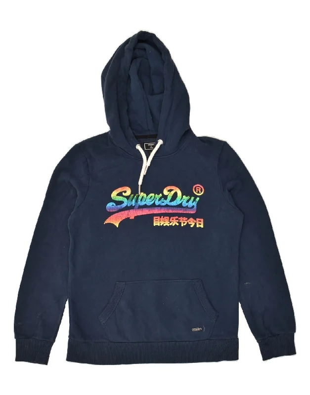 SUPERDRY Womens Graphic Hoodie Jumper UK 12 Medium   Navy Blue Cotton Hoodie with Earth Tones Natural Calm