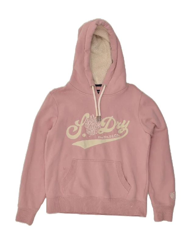 SUPERDRY Womens Graphic Hoodie Jumper UK 12 Medium Pink Cotton Hoodie with Fur Luxurious Winter