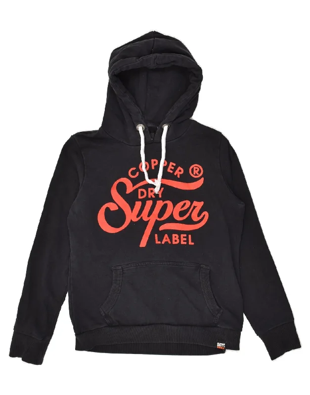 SUPERDRY Womens Graphic Hoodie Jumper UK 14 Large Black Cotton Hoodie with Pattern Geometric Abstract