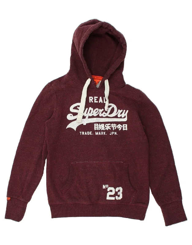 SUPERDRY Womens Graphic Hoodie Jumper UK 14 Medium Burgundy Flecked Cotton Hoodie with Bell Sleeves Flared Feminine