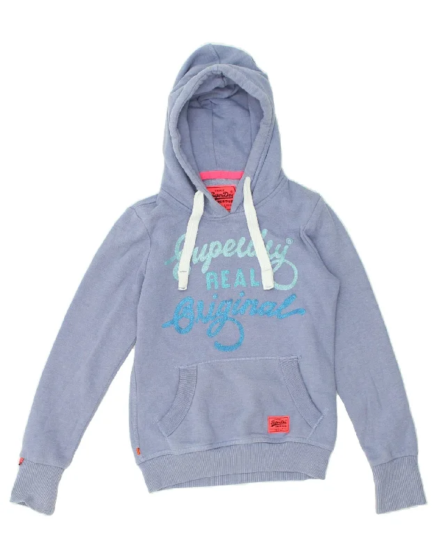 SUPERDRY Womens Graphic Hoodie Jumper UK 6 XS Blue Cotton Hoodie with Earth Tones Natural Calm