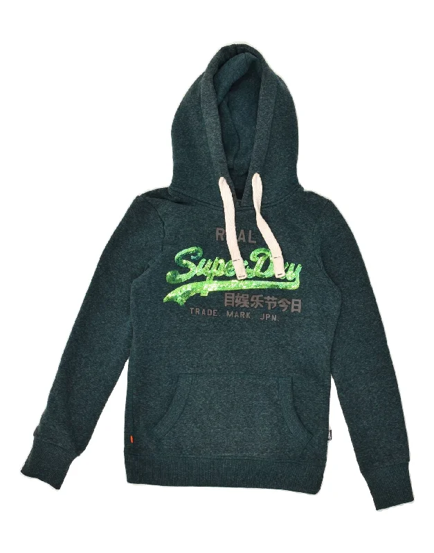 SUPERDRY Womens Graphic Hoodie Jumper UK 6 XS  Green Flecked Cotton Hoodie with Button Placket Classic Preppy