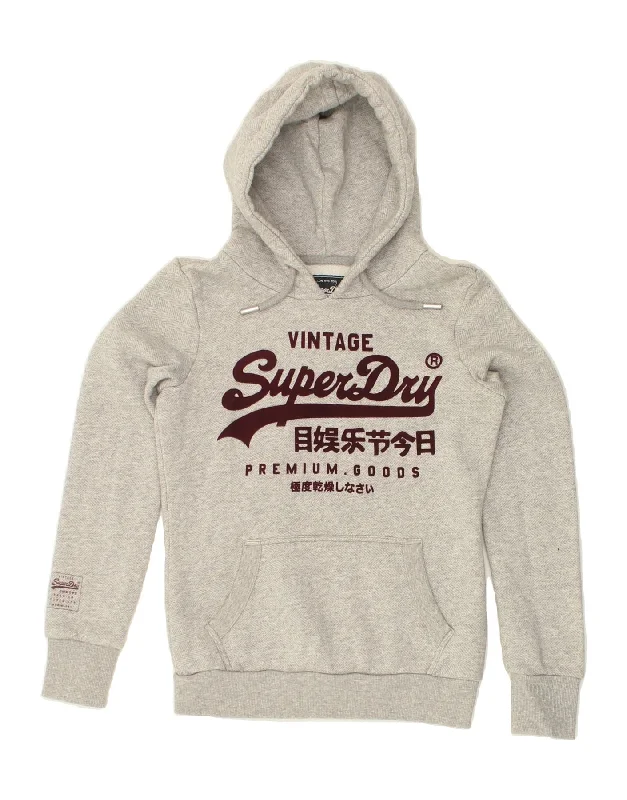 SUPERDRY Womens Graphic Hoodie Jumper UK 8 Small Grey Cotton Hoodie with Fur Luxurious Winter