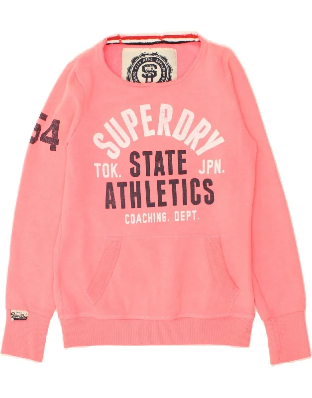 SUPERDRY Womens Graphic Sweatshirt Jumper UK 10 Small Pink Polyester Hoodie with Rhinestones Sparkly Elegant