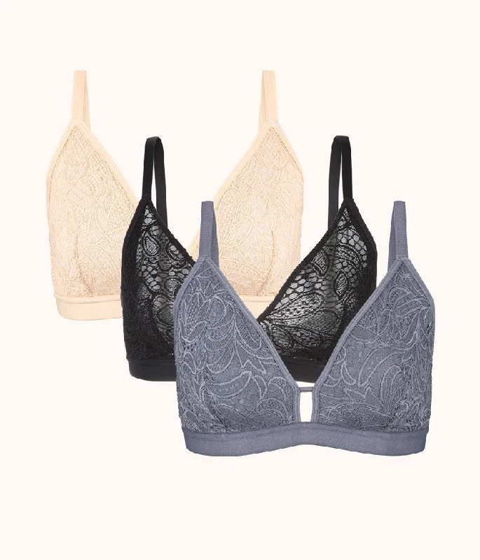 The Palm Lace Busty Bra Trio: Smoke/Jet Black/Toasted Almond High-Cut Bra Design