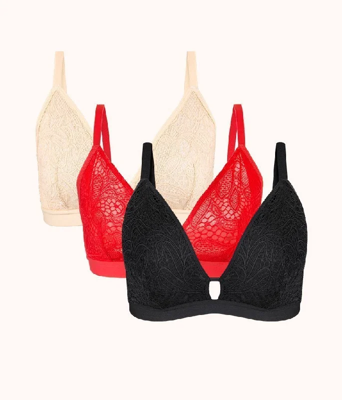 The Palm Lace Busty Bra Trio: Toasted Almond/Jet Black/Tomato Red Cozy Sleep Bra