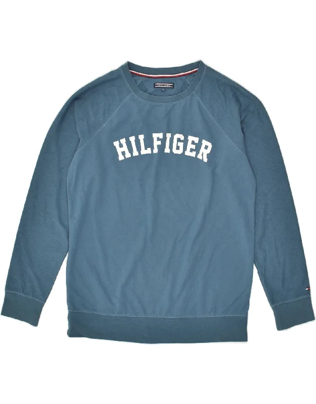 TOMMY HILFIGER Womens Graphic Sweatshirt Jumper UK 10 Small Blue Cotton Hoodie with Pattern Geometric Abstract