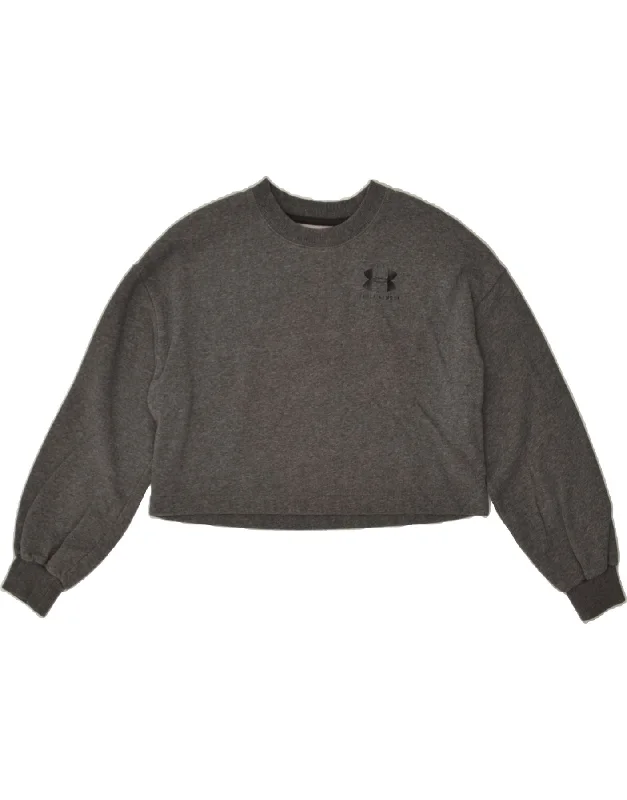 UNDER ARMOUR Womens Crop Sweatshirt Jumper UK 6 XS Grey Cotton Hoodie with Back Slit Movement Comfort