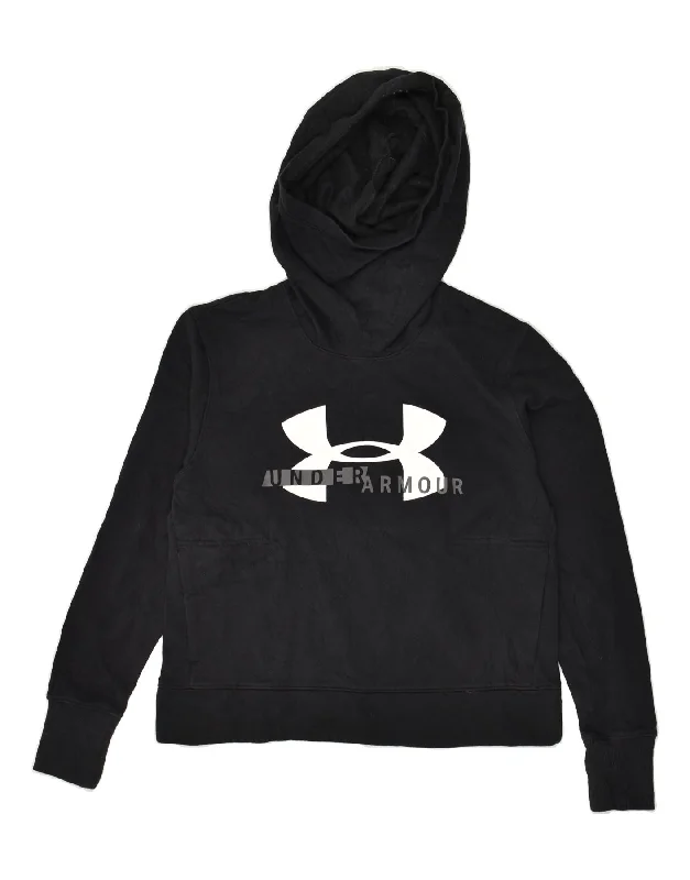 UNDER ARMOUR Womens Graphic Hoodie Jumper UK 14 Medium Black Hoodie with Puffed Sleeves Voluminous Trendy