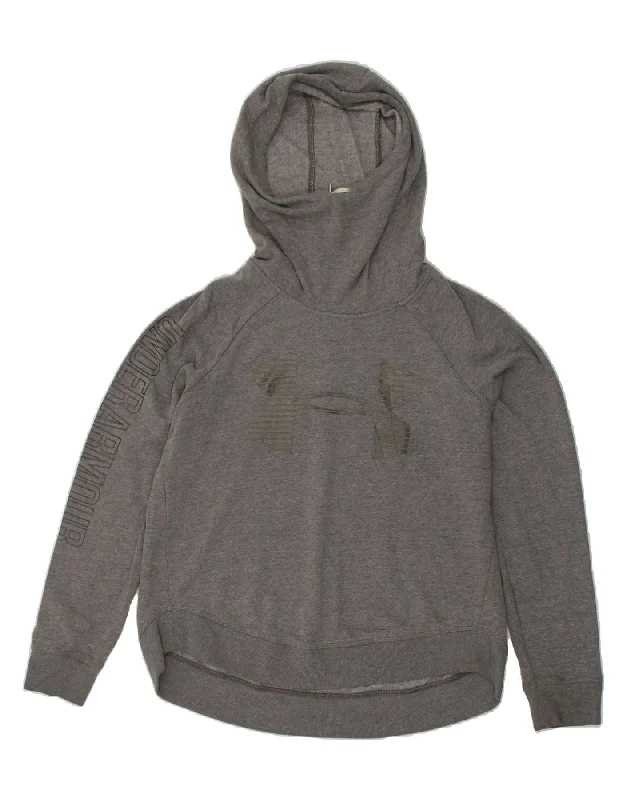 UNDER ARMOUR Womens Graphic Hoodie Jumper UK 14 Medium Grey Hoodie with Applique Textured Unique