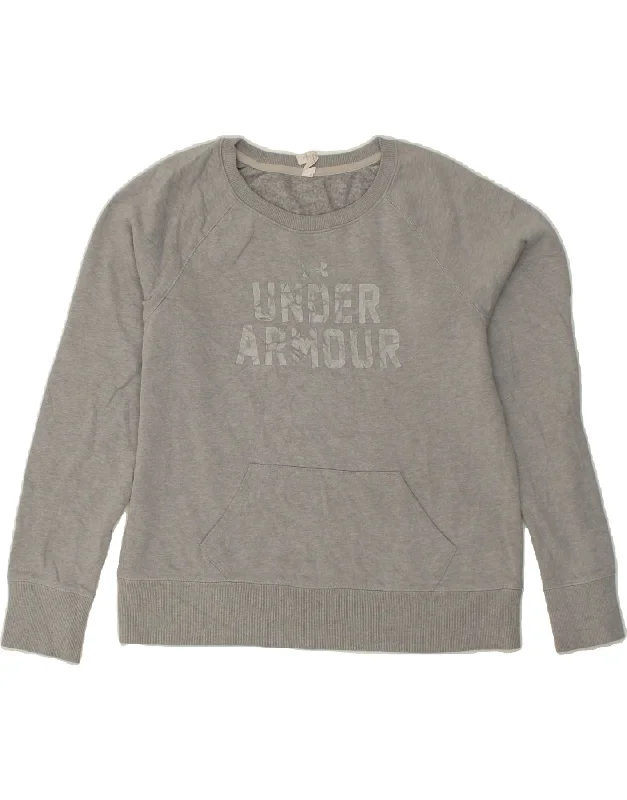 UNDER ARMOUR Womens Graphic Sweatshirt Jumper UK 16 Large Grey Cotton Hoodie with Typography Text Message