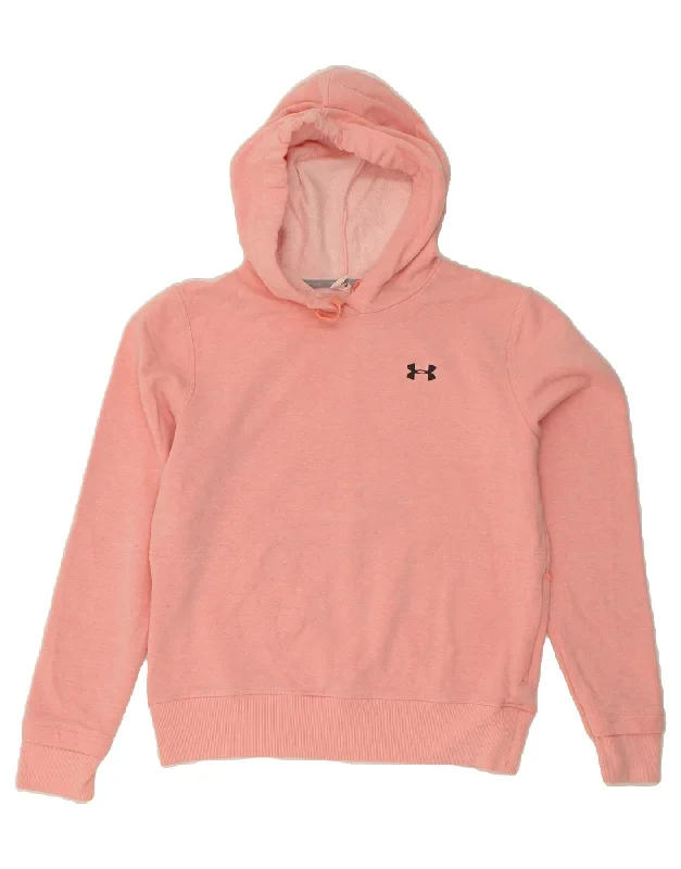 UNDER ARMOUR Womens Hoodie Jumper UK 10 Small Pink Hoodie with Raw Hem Edgy Unfinished