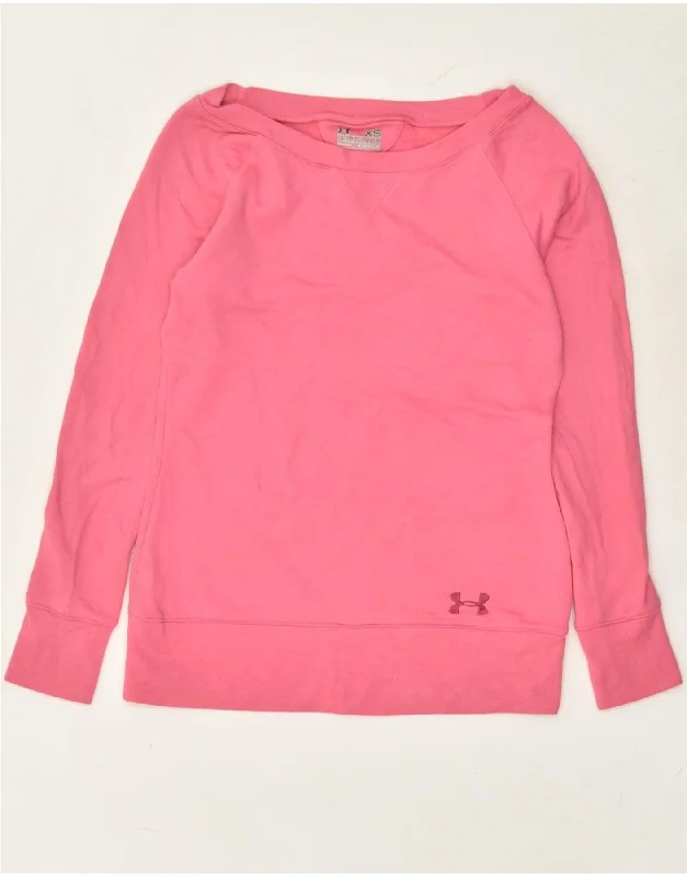 UNDER ARMOUR Womens Sweatshirt Jumper UK 6 XS Pink Polyester Hoodie with Patch Decorative Personalized