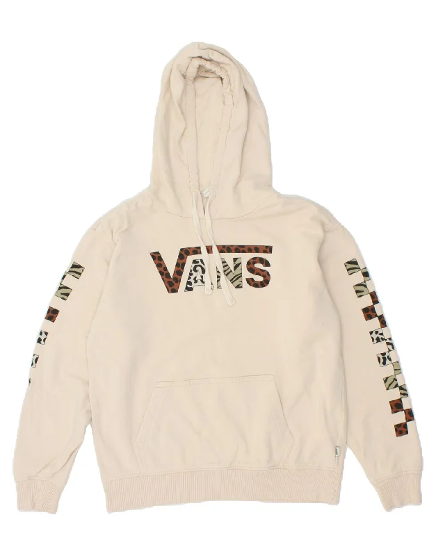 VANS Womens Graphic Hoodie Jumper UK 10 Small Beige Cotton Hoodie with Exposed Zipper Edgy Industrial