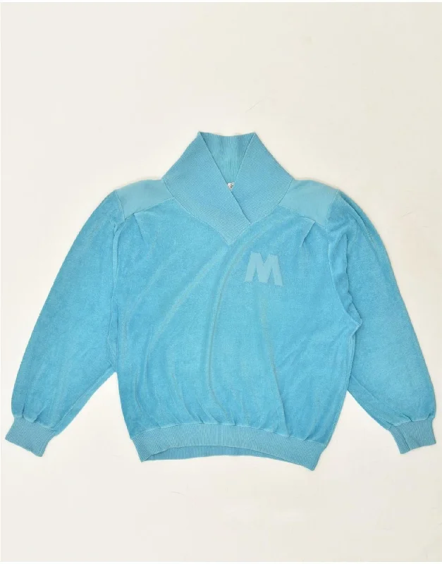 VINTAGE Womens Shawl Neck Sweatshirt Jumper UK 16 Large Blue Hoodie with Applique Textured Unique