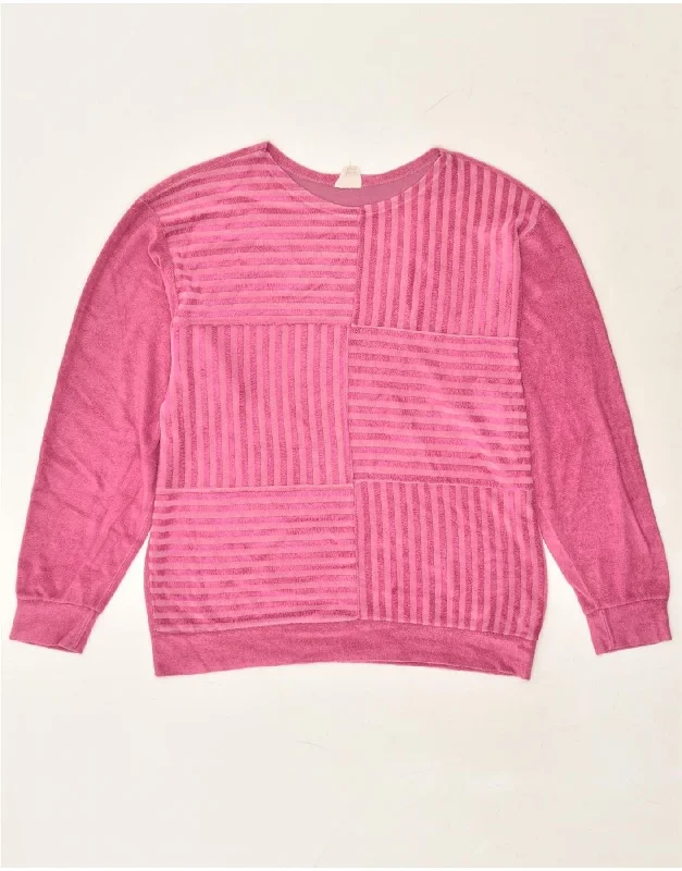 VINTAGE Womens Sweatshirt Jumper UK 18 XL Pink Striped Hoodie with Metallic Shiny Futuristic