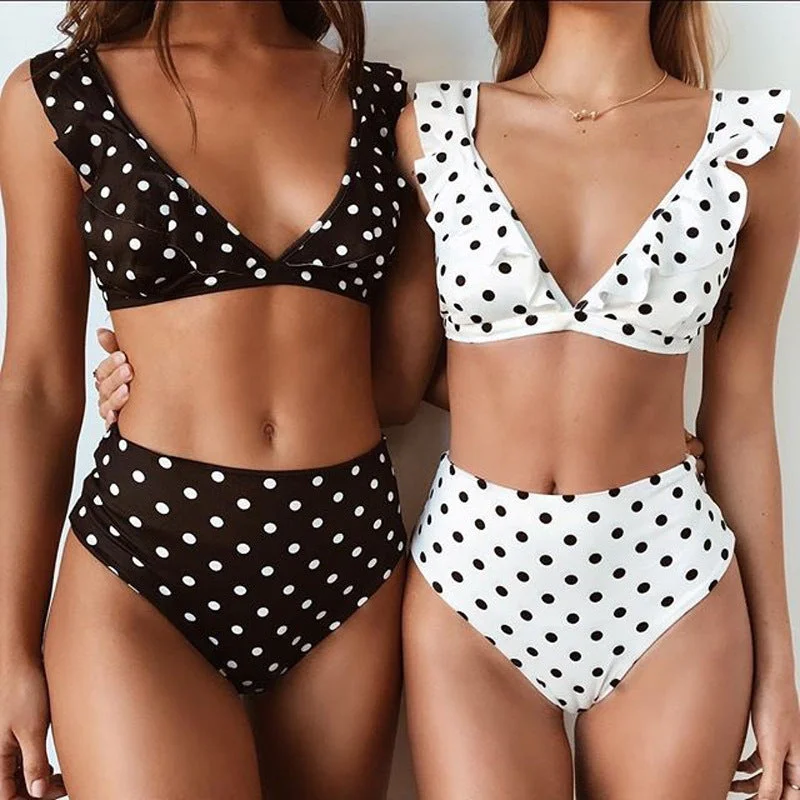 2pcs Black And White Polka Dot Print Swimsuit Sexy Ruffled Deep V-neck Bikini Set Summer Beach Womens Clothing Swimsuit with Skirt