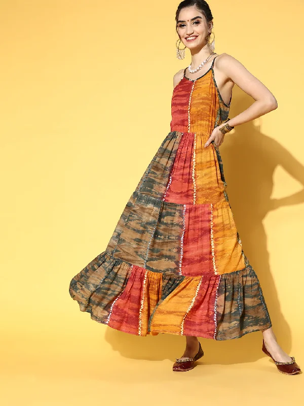 Women Mustard Yellow Tie And Dye Dyed Maxi Dress Elegant Maxi Dress with Ruffles