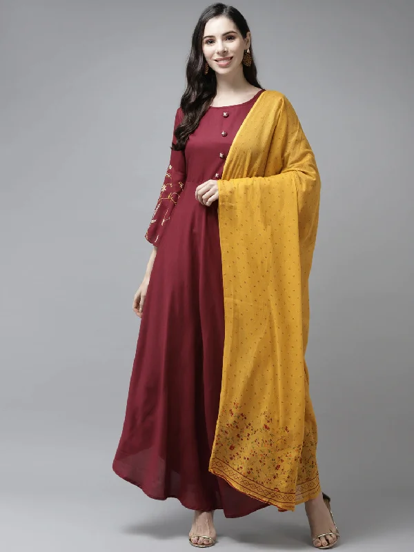 Women Maroon Solid Rayon Maxi Dress Wirh Dupatta Trendy Button Front Maxi Dress