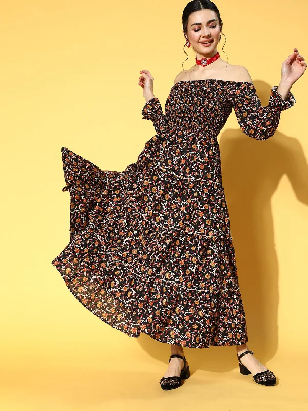 Women Black & Mustard Yellow Ethnic Motifs Off-Shoulder Maxi Dress Stylish A-Line Maxi Dress