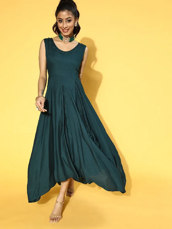 Women Teal Green Solid Viscose Rayon Liva Maxi Dress Cozy Maxi Dress with Slit