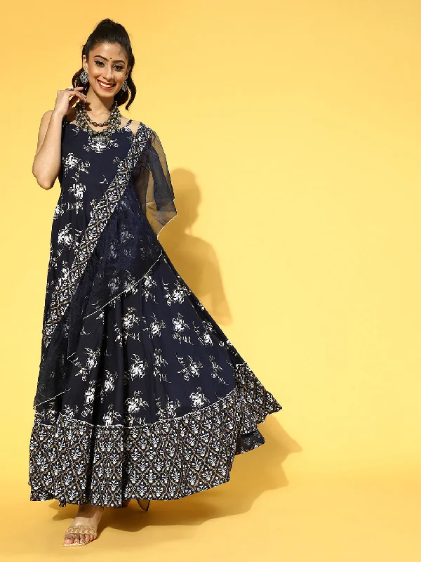 Women Navy Blue & White Ethnic Motifs Shoulder Straps Ruffles Dupatta Maxi Dress Trendy A-Line Maxi Dress