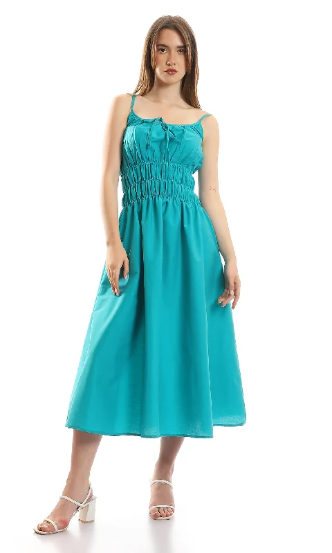 97095 Spaghetti Sleeves Maxi Dress With Elastic Waist - Turquoise Comfortable Fit-and-Flare Maxi Dress