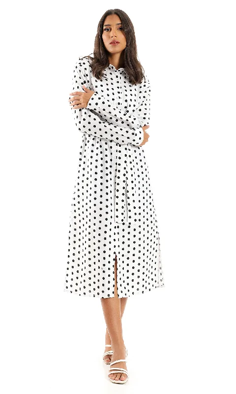 98198 Full Buttoned Cotton Maxi Dress - White & Black Stylish Boho Maxi Dress