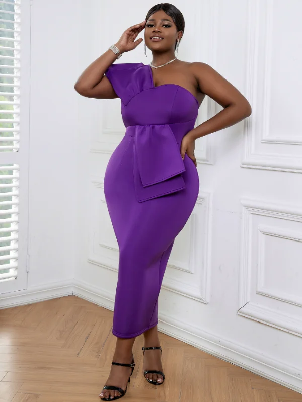 AOMEI Sexy One Shoulder Strappy Purple Maxi Dress Classic Solid Maxi Dress