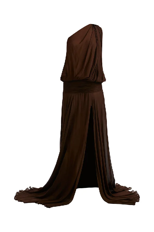 AVA CHOCOLATE BROWN MAXI DRESS Fashionable Chiffon Tiered Maxi Dress