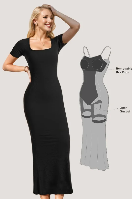 Basic Bae Built-In Shapewear Square Neck Short Sleeve Maxi Dress Elegant Boho Maxi Dress