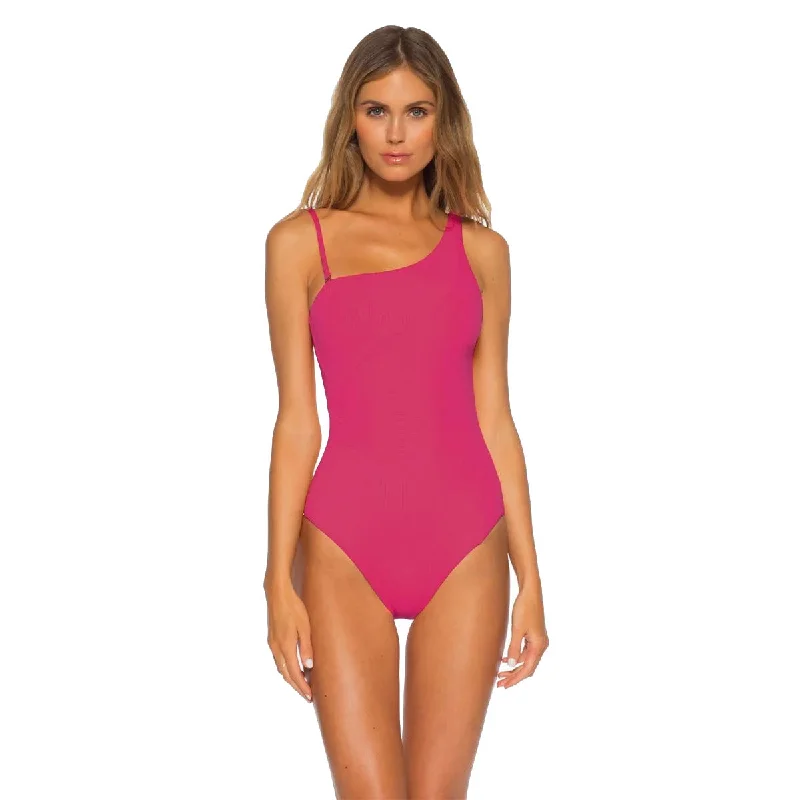 Becca Fine Line Asymmetrical Raspberry One Piece Womens Swimsuit Lace-Detail Bikini Set