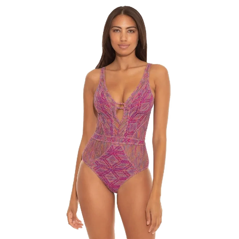 Becca Mosaic Show and Tell Plunge Berry One Piece Womens Swimsuit Vibrant Bikini Bottoms