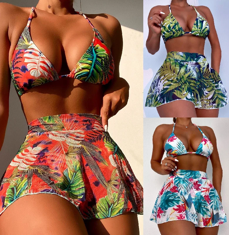 Big Flower Leaf Three Piece Swimsuit Bikini Elegant Ruffle Swimsuit