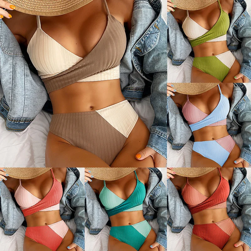 Bikini Patchwork Swimwear Ribbed Women's Swimsuit Knot Back Beachwear Ruched Butt Biquinis Bathing Suits Bold Swimsuit Design