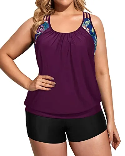 Blouson Racerback Tankini Top For Women With Big Breasts-Maroon Leaf Mesh Detail Bikini