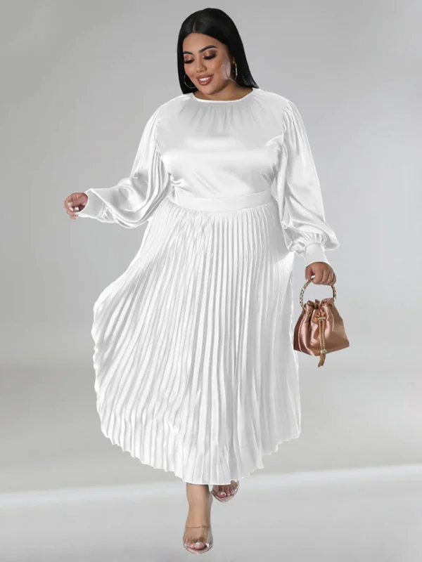 Blue Zone Planet |  Gia's Plus Size Pleated Round Neck Long Sleeve Maxi Dress Cozy Open-Back Maxi Dress