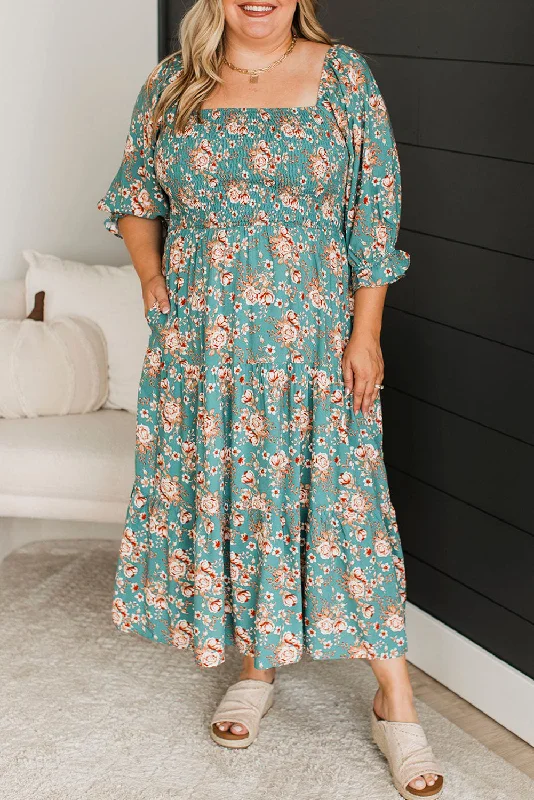 Blue Zone Planet |  Green Plus Size Floral Print Square Neck Smocked Maxi Dress Stylish Boho Maxi Dress