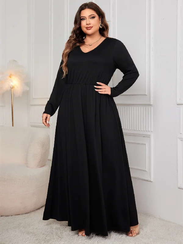 Blue Zone Planet |  Plus Size Cutout V-Neck Long Sleeve Maxi Dress Comfortable Casual Maxi Dress