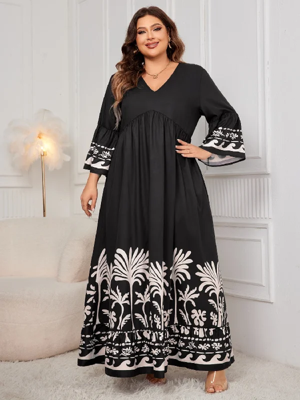 Blue Zone Planet |  Plus Size Printed V-Neck Long Sleeve Maxi Dress Cozy Ruffle Sleeve Maxi Dress